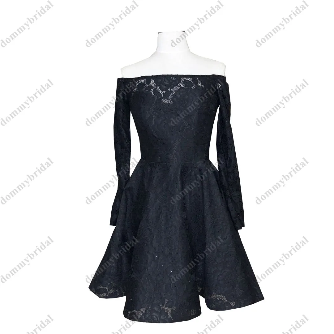 

2022 Sexy Black Off the shoulder Homecoming Prom Graduation Dresses with Long Illusion Sleeves Lace Bodice A line Party Gowns