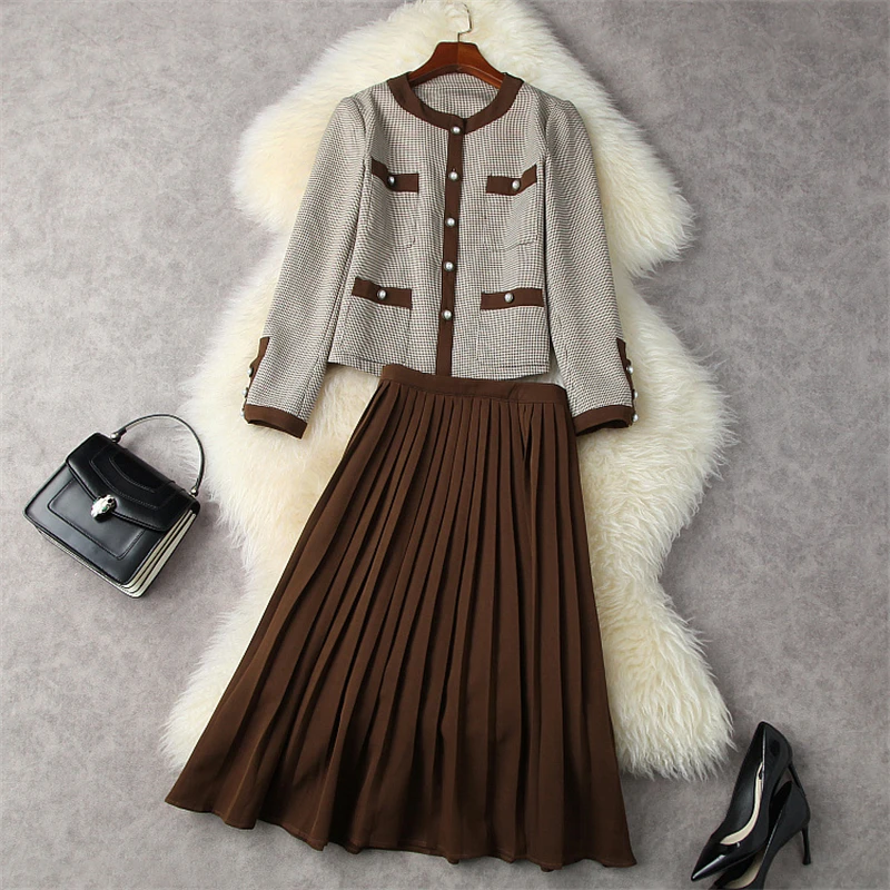 

Elegant Lady Designer Runway Dress Set Women's Autumn Winter Two Piece Outfits Long Sleeve Retro Jacket and Midi Skirt Suit