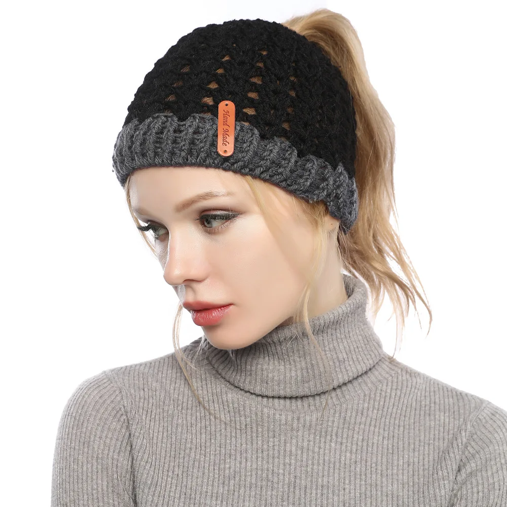 Europe, America, autumn and winter, new, matching, hole, cap, cap, empty top, knitted wool cap, ponytail cap, warm hat
