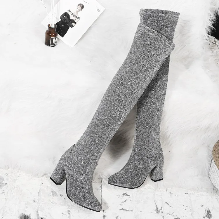 Женские ботфорты выше колена Сапоги с блестками и рукавами сапоги до бедра