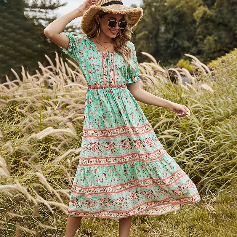 

2021 spring new round neck stitching bandage dress women's Printed Dress