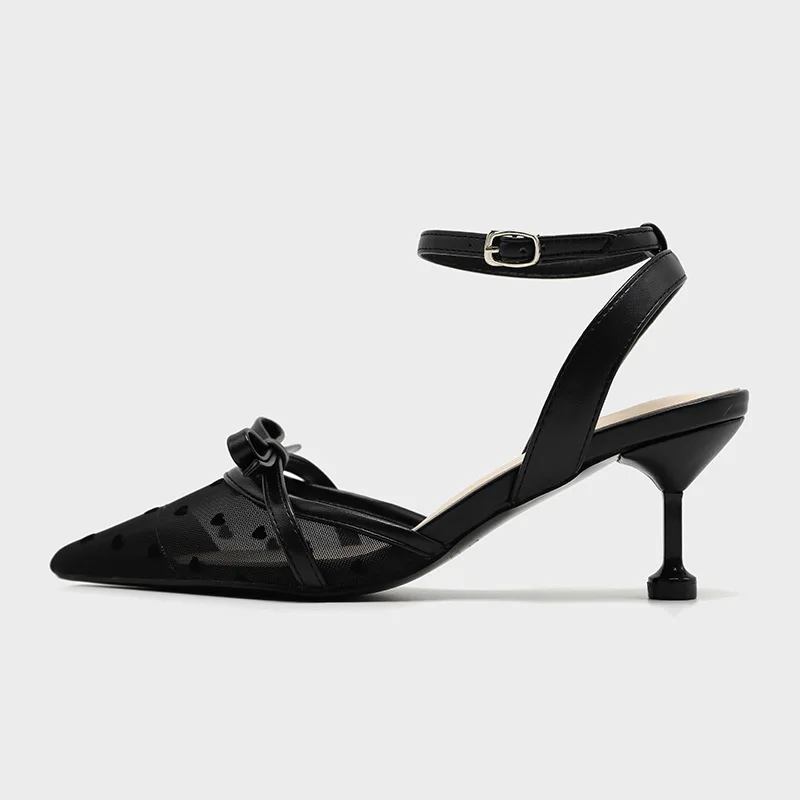 

New sandals in spring and summer of 2021 with gauze fashionable hollow pointed high heel bow casual women's shoes