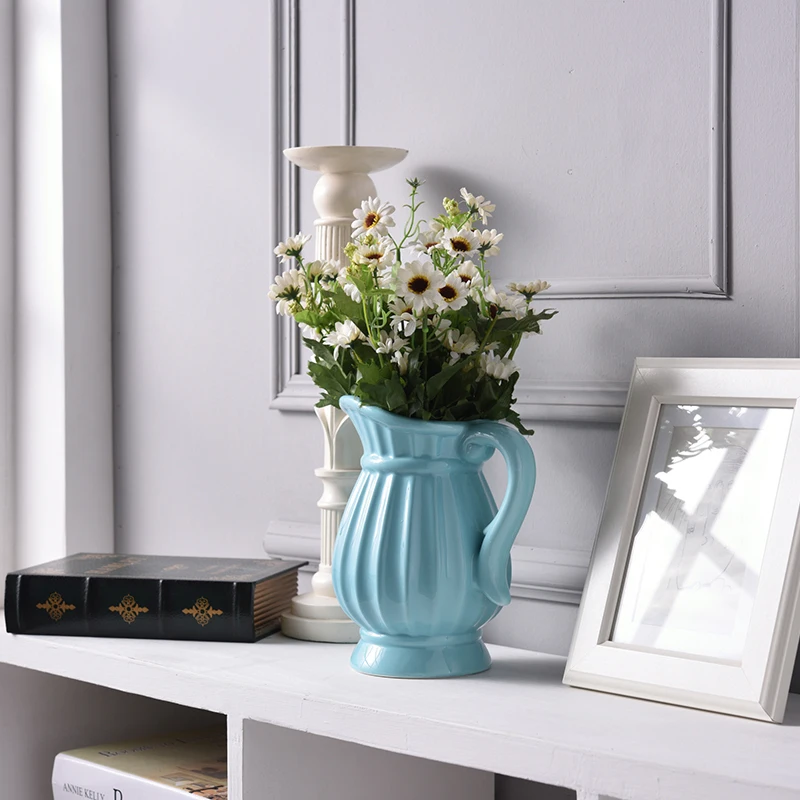 

Retro Kettle Shape Ceramic Vase Blue White Portable Handle Flower Vase Home Decoration Dried Flower Living Room Decor