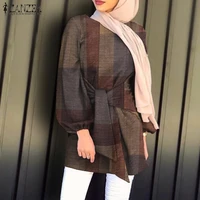 loose kanftan blouse spring ladies plaid lace up muslim fashion zanzea asymmetrical women blouse 2021 casual o neck blusas