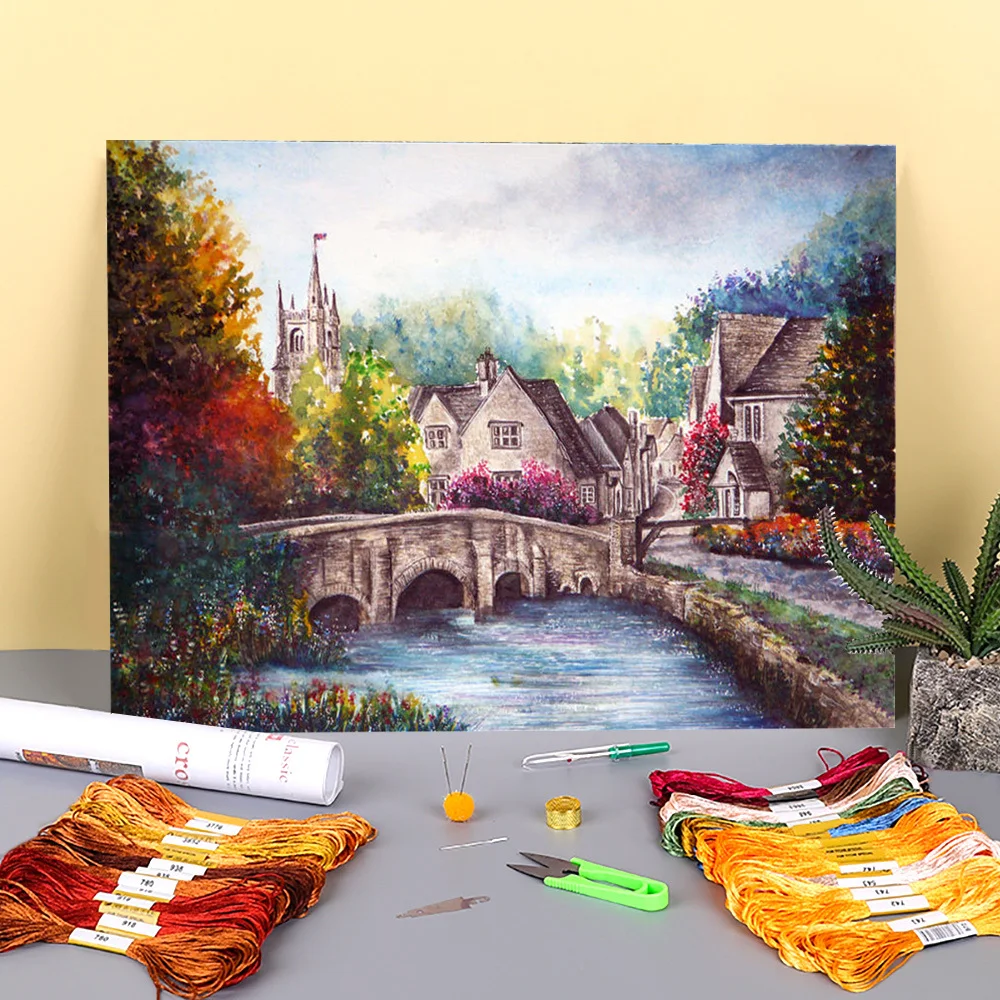 

Натуральный замок, пейзаж ком с водорастворимый холст 11CT, перекресная строчка, Полный Набор для вышивания DMC Темы ремесло подарок