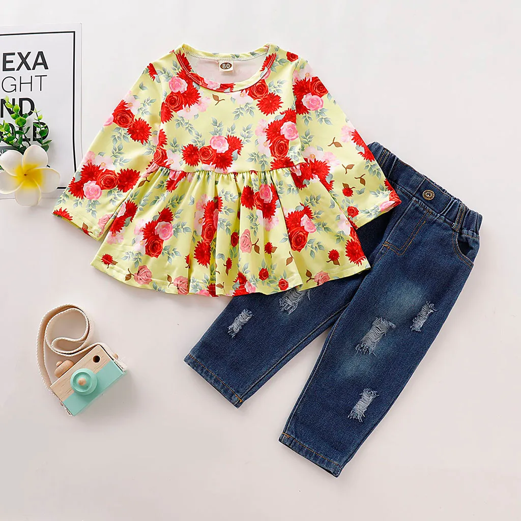Топ с длинным рукавом и цветочным принтом для маленьких девочек + джинсовые штаны