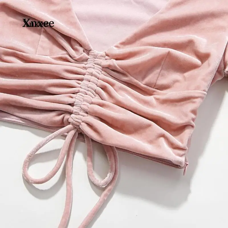 

Velvet Pleated Sexy Two Pieces Set Drawstring Top Long Pant Autumn Winter Tracksuit Women Set Casual 2 Piece Set Women Clothing