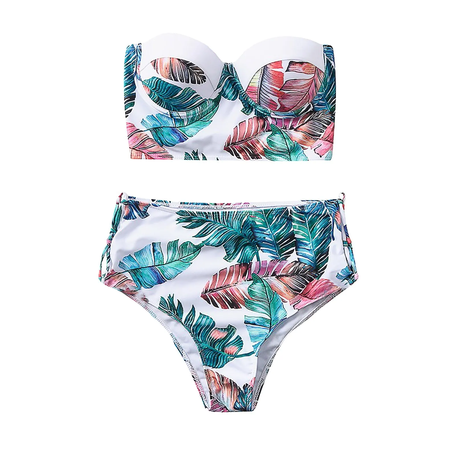 

High Waist Beachwear Two-Piece Swimsuit Women Sexy Off Shoulder Floral Print Push-Up Padded Bra Strappy Bikini Set