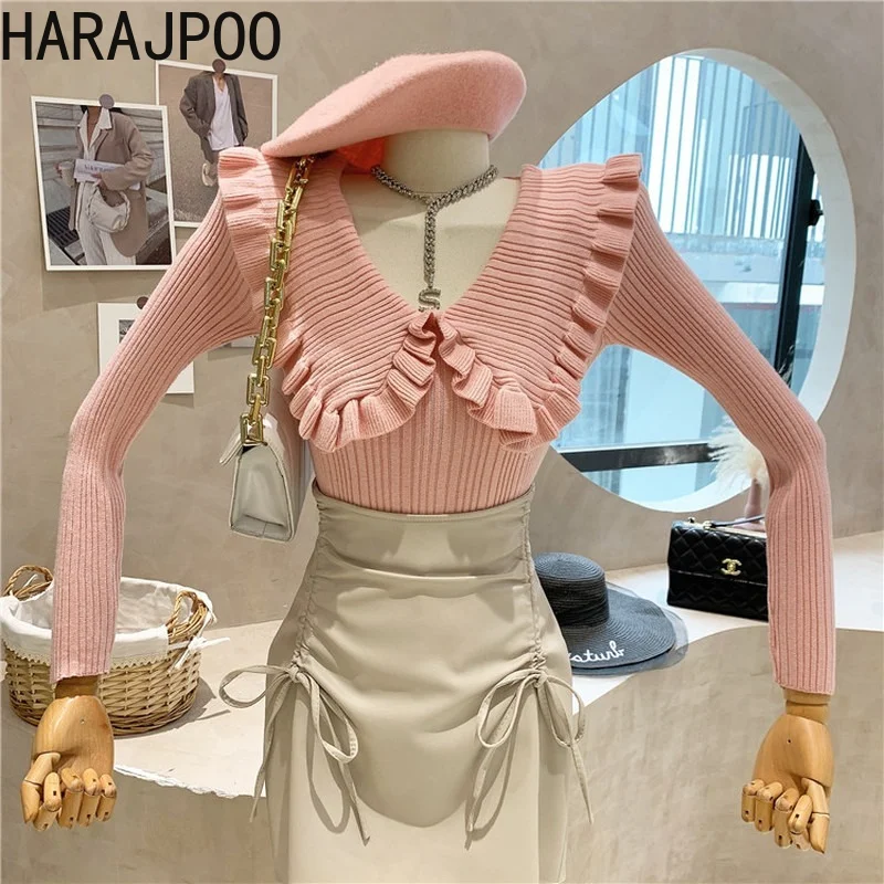 

Sweater Woman Harajpoo Simplee Tight 2021 Autumn Winter Ins New Korean Fashion Ruffled V Neck Sexy Long Sleeve Women Clothing