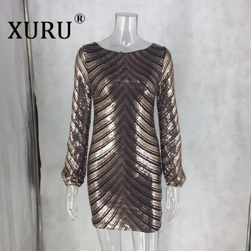 

XURU 2020 Spring Women's Sequined Dress New Slim Backless Slim Lantern Sleeve Sequined Dress