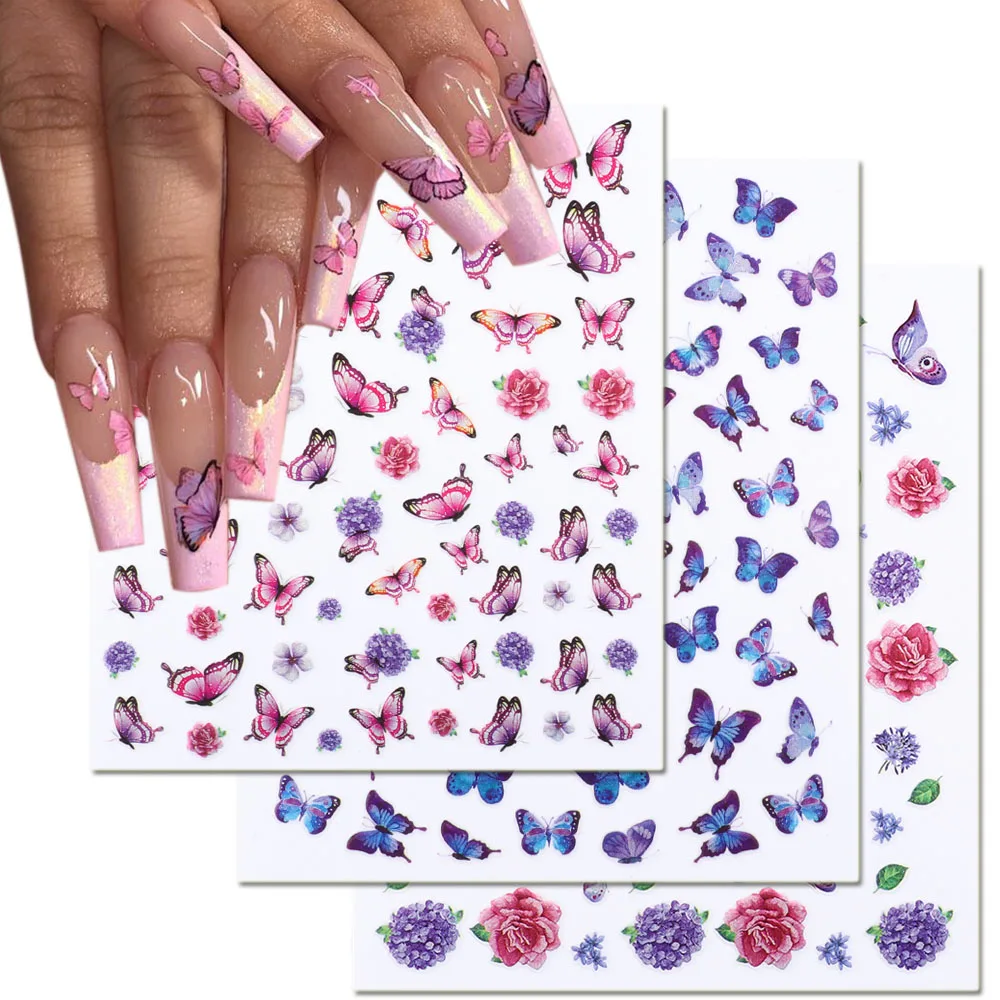 

3D Laser Butterfly Nail Stickers Gradient Colorful Butterfly Rose Hydrangea Nail Sliders Decal For Nail Decoration GLDP159-170