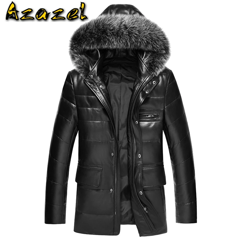 Мужской пуховик с капюшоном Azazel куртка из натуральной кожи большим меховым