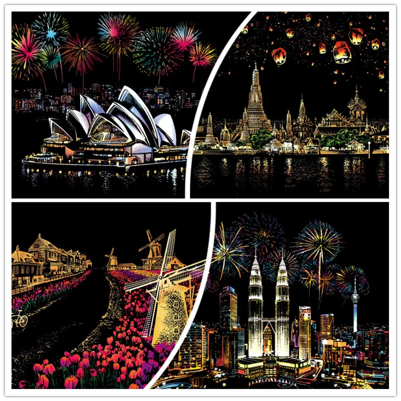 Pinturas para rascar de la ciudad, manualidades de arte, papel de descompresi&oacute;n, juguetes de dibujo, decoraci&oacute;n del hogar, imagen de Par&iacute;s y Londres, 41x28cm-0
