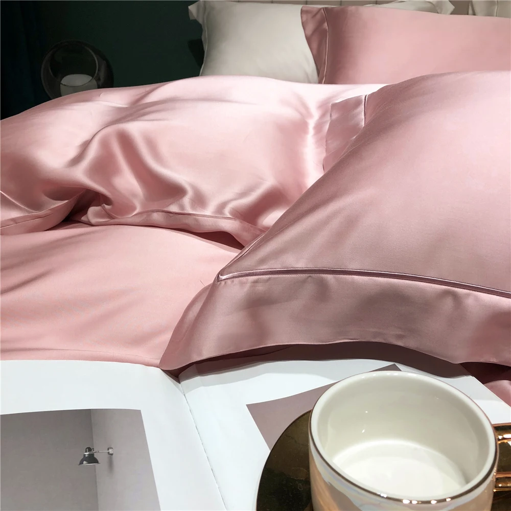 

SlowDream Luxury Pink 100% Silk Bedding Set Healthy Beauty Duvet Cover Pillwocase Queen King Flat Sheet Set For Women Sleep
