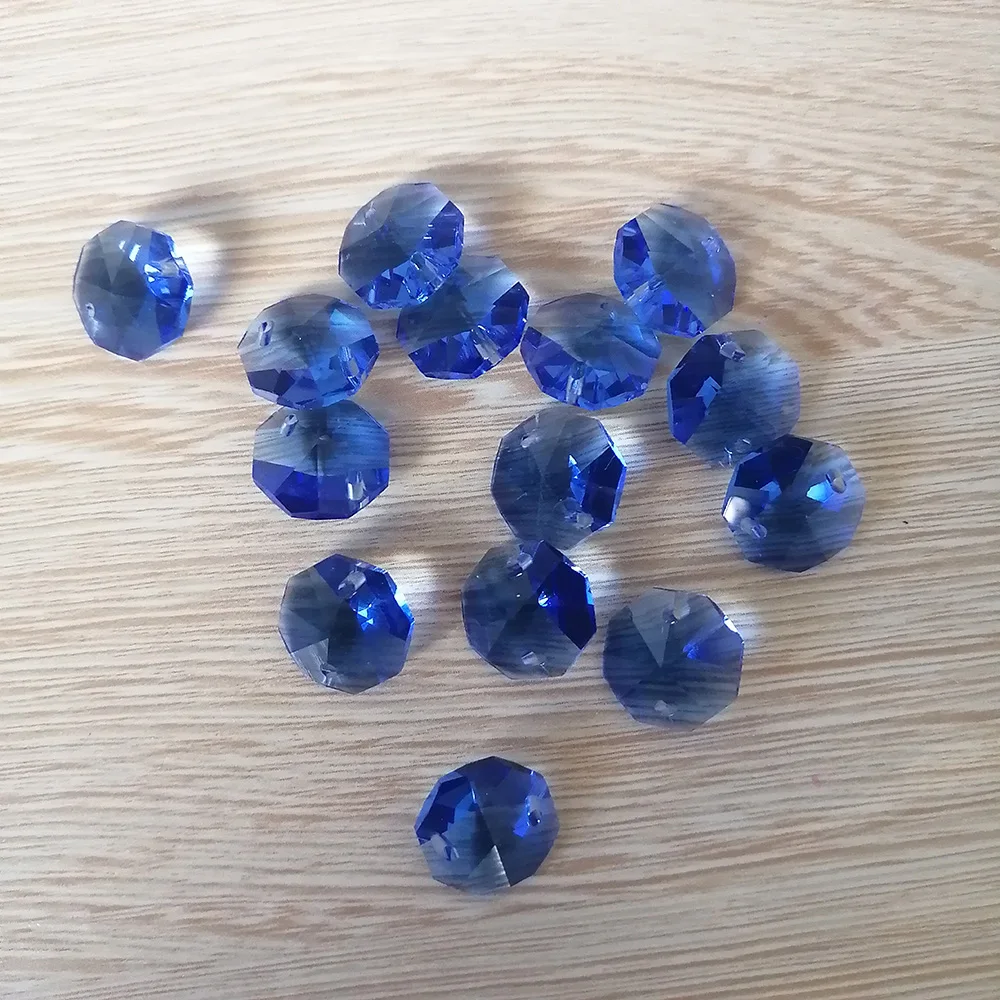 Camal 20pcs Blue 14mm Crystal Octagonal Loose Beads Two Holes Prisms Chandelier Lamp Parts Accessories DIY Wedding Centerpiece