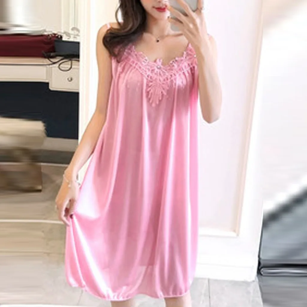 

Fashion Women Homewear Sleepwear Summer Sexy Satin Solid Colors Lace Sleeveless V Neck Dress Nightdress Nightgowns Lingerie#g3