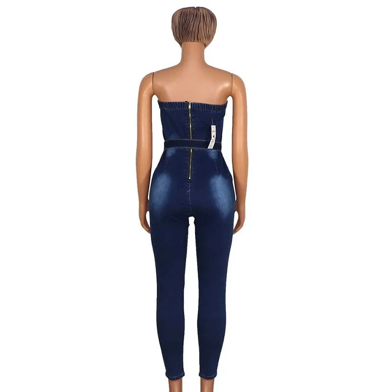 Женский джинсовый комбинезон без рукавов Синий Эластичный Длинный с открытой