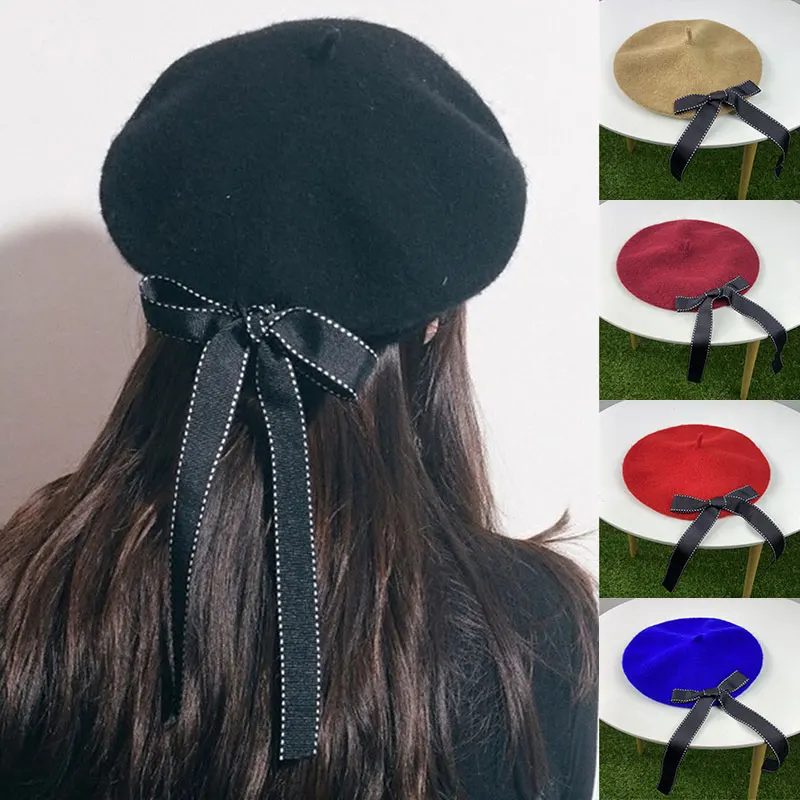 

Women Cute Beret with Bow Wool Felt Lolita Hat Raised Grain Bowknot Painter Beanie Cap Handmade