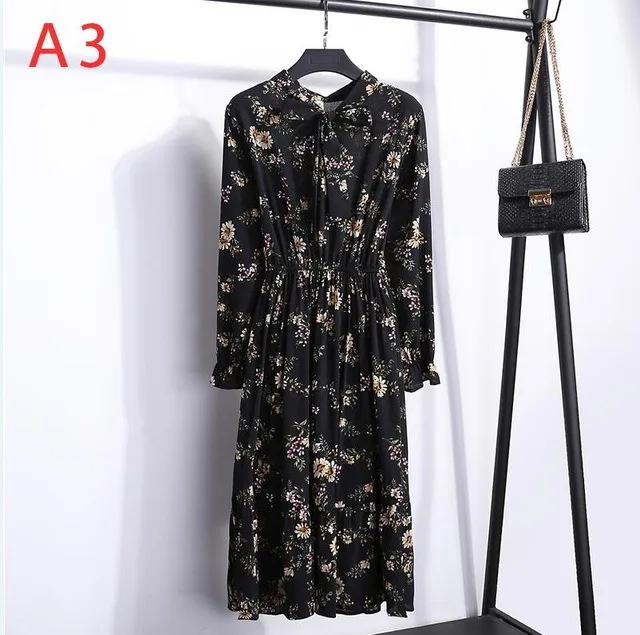 A3 Корейская черная рубашка Vestidos для офиса в горошек, винтажные осенние платья, Женское зимнее платье, миди платье с цветочным рисунком и длинным рукавом для женщин - Цвет: A3