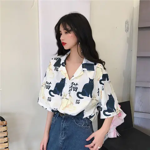 Women's Summer Blouse Black Cat Print Short Sleeve T-Shirts Ladies Trend Casual Exotic Japan Style White Women's Long Sleeve Top
