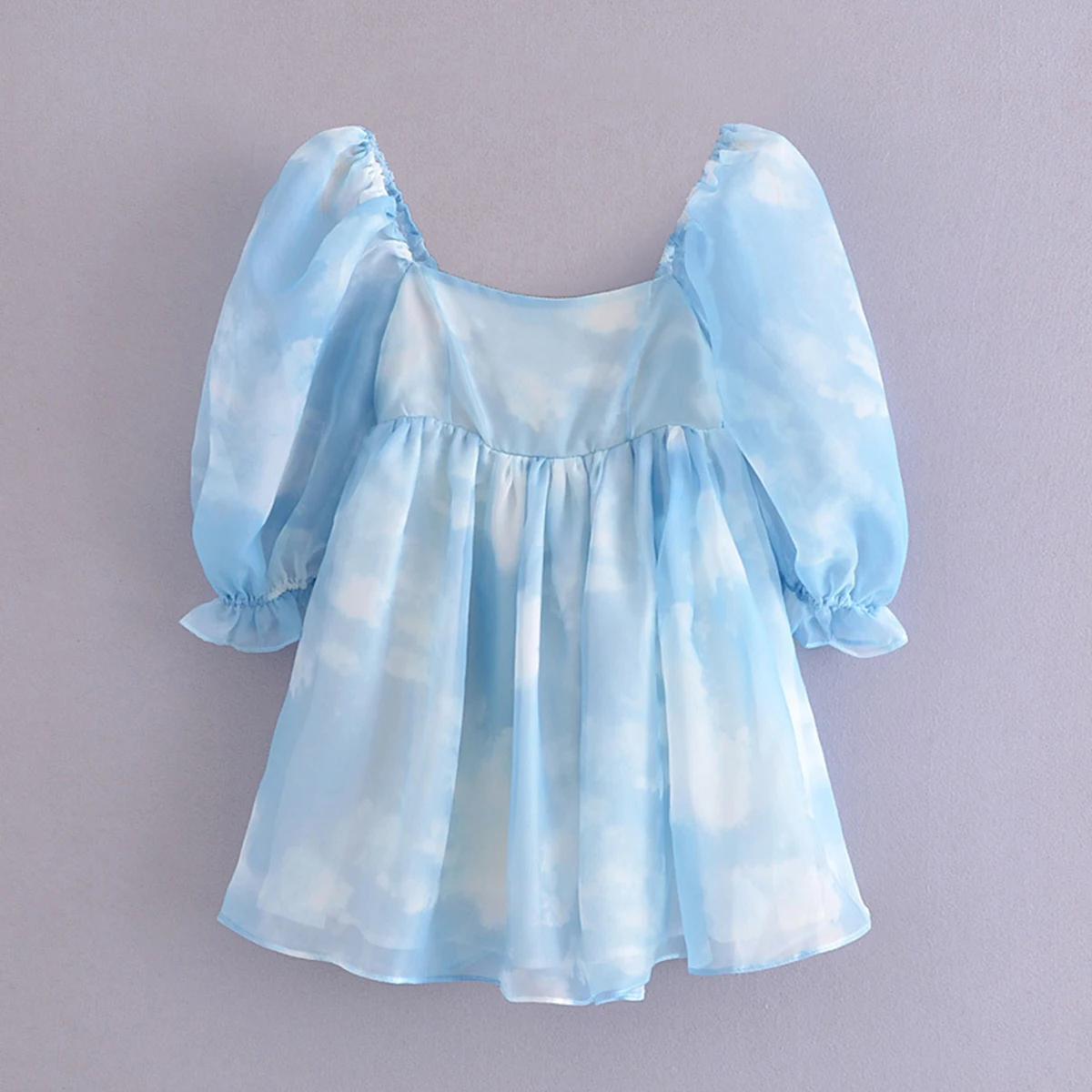 

Blue Sky Tie-dye Organza Princess Dresses Square Neck Puff Sleeve High Waist Mini Dress Summer Refreshing Women's Vestidos 2021