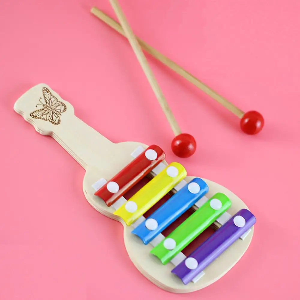 Wooden Guitar Shape 5-Note Xylophone Music Instrument Educational Baby Kids Toy