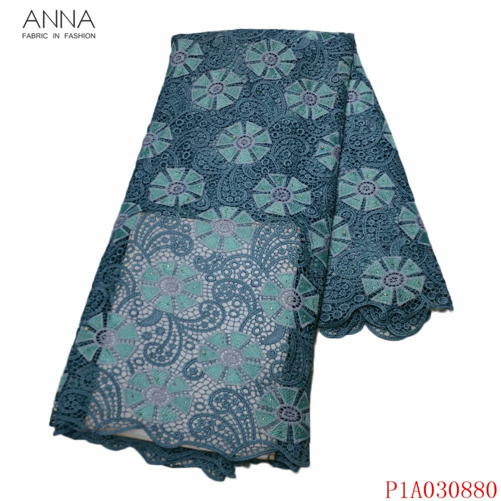 

Anna royal blue water soluble embroidered african cord lace fabric with stones and beads 5 yards/pcs nigerian mesh laces fabrics
