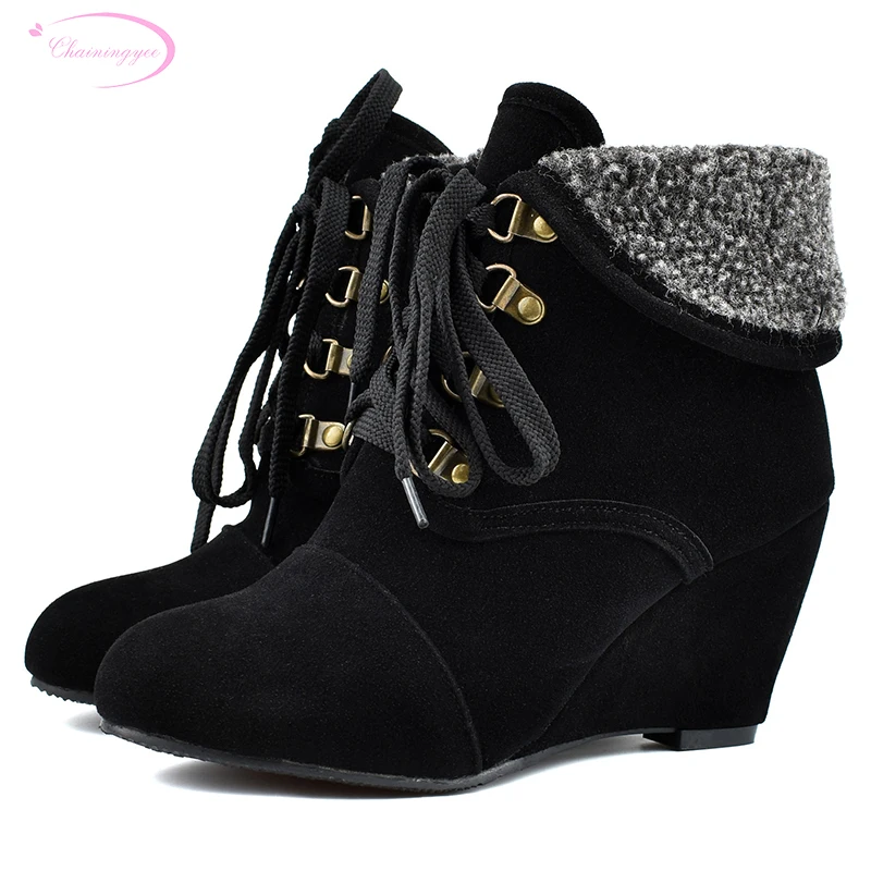 

Casual motorcycle boots round toe winter warm nubuck ankle boots lace-up black yellow brown high-heeled wedges women's shoes