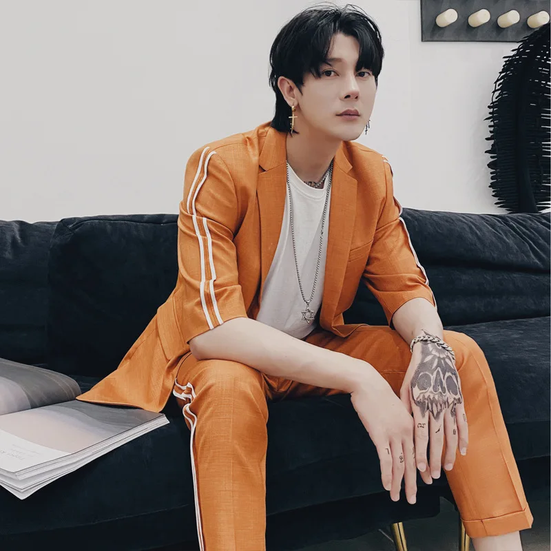 

Для мужчин костюм социальный стиль парикмахерского салона ночной клуб парень костюм полосатый цвет 7 / 4 комплект одежды с длинным рукавом