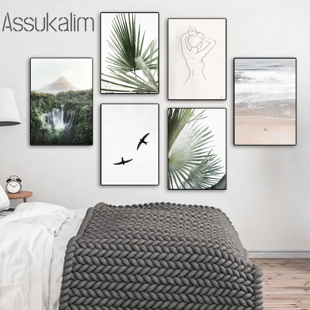 Постер с изображением горного водопада зеленых пальмовых листьев пляжный постер