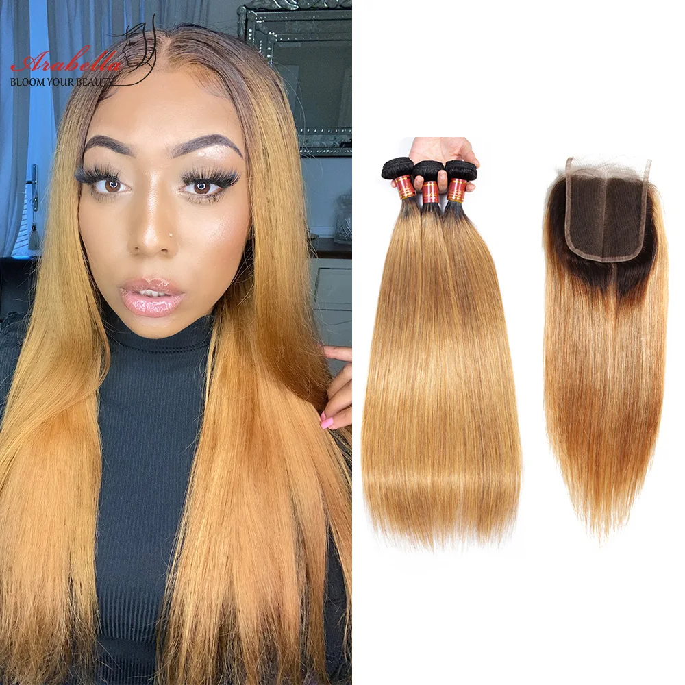 Бразильские прямые пучки волос с закрытием 1b/27 Ombre Arabella Remy волосы для наращивания