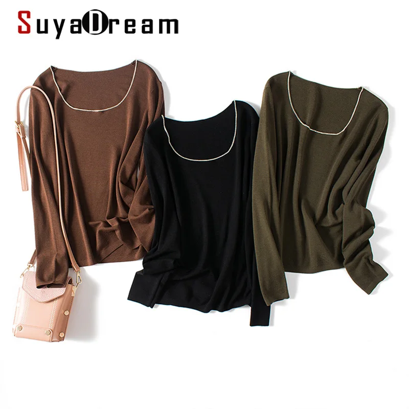 

SuyaDream Women Sweaters 100%Merino Wool Diamonds U Neck Pullovers 2021 Fall Winter Simple Chic Knit Wear