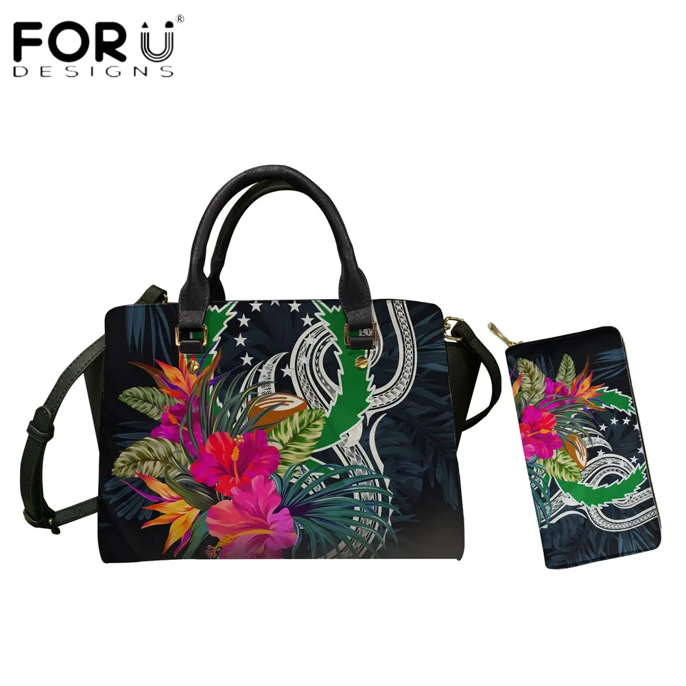 

FORUDESIGNS Pohnpei Polynesian Tribal Hibiscus Flower Print Luxury Women Totes Bag And Purse 2pcs Set Casual Crossbody Bags