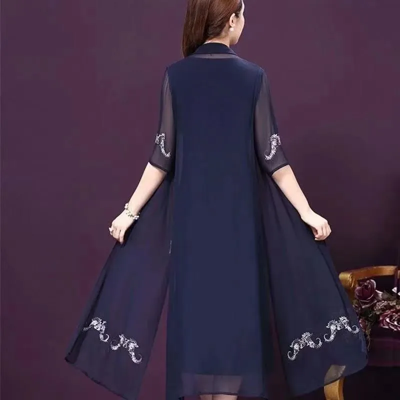 2021 Spring Summer Round Collar Embroidery Xxxl Women Dress New Style Simple Elegant Temperament Mother Female Two Piece Dresses | Женская