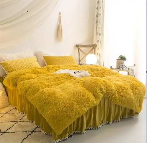 bedding set 8 Роскошные Плюшевые с длинным ворсом, пододеяльник набор стеганый помпонами и бахромой оборками плоский лист н Постельное белье близнец полный queen King 4/6 шт - Цвет: bedding set 8