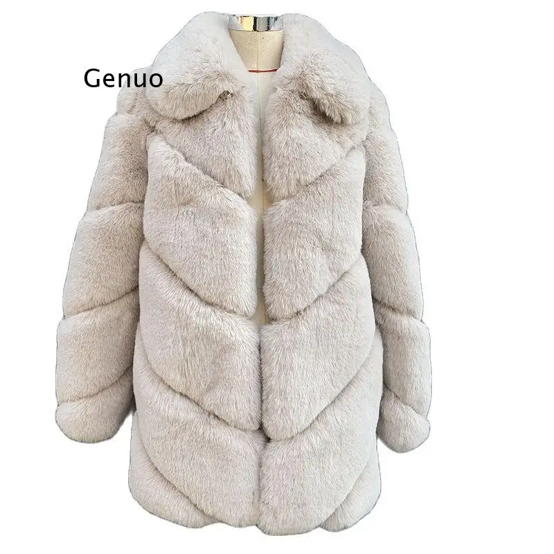 2021 Winter New Fashion Soft Faux Rabbit Fur Coat Women Turn Down Collar Fluffy Warm Fake Fur Coats Jacket