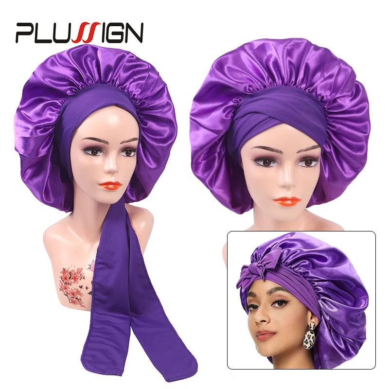 6Pcs/Lot Wholesale Price Wide Edge Bonnet With Long Band Extra Large Shower Cap For Braids Satin Lining Bonnet For Women