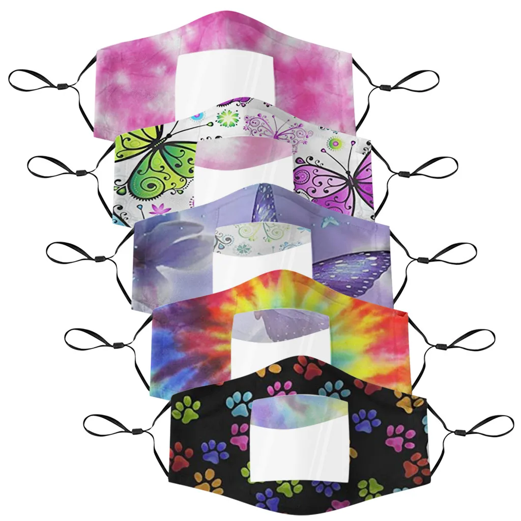 

5PCS Adults Tie dye Printed Smile Communicator Face Mask with Clear Mouth Expression Lip Reading Mask Visible Mouth Face Cover