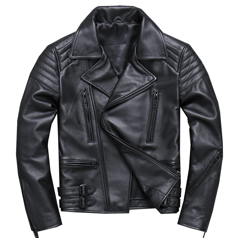 

2020 Plus Size 5XL Men's Genuine Leather Jackets Cowhide Motocycle Jackets Black Zippers Biker Leather Coat for Male