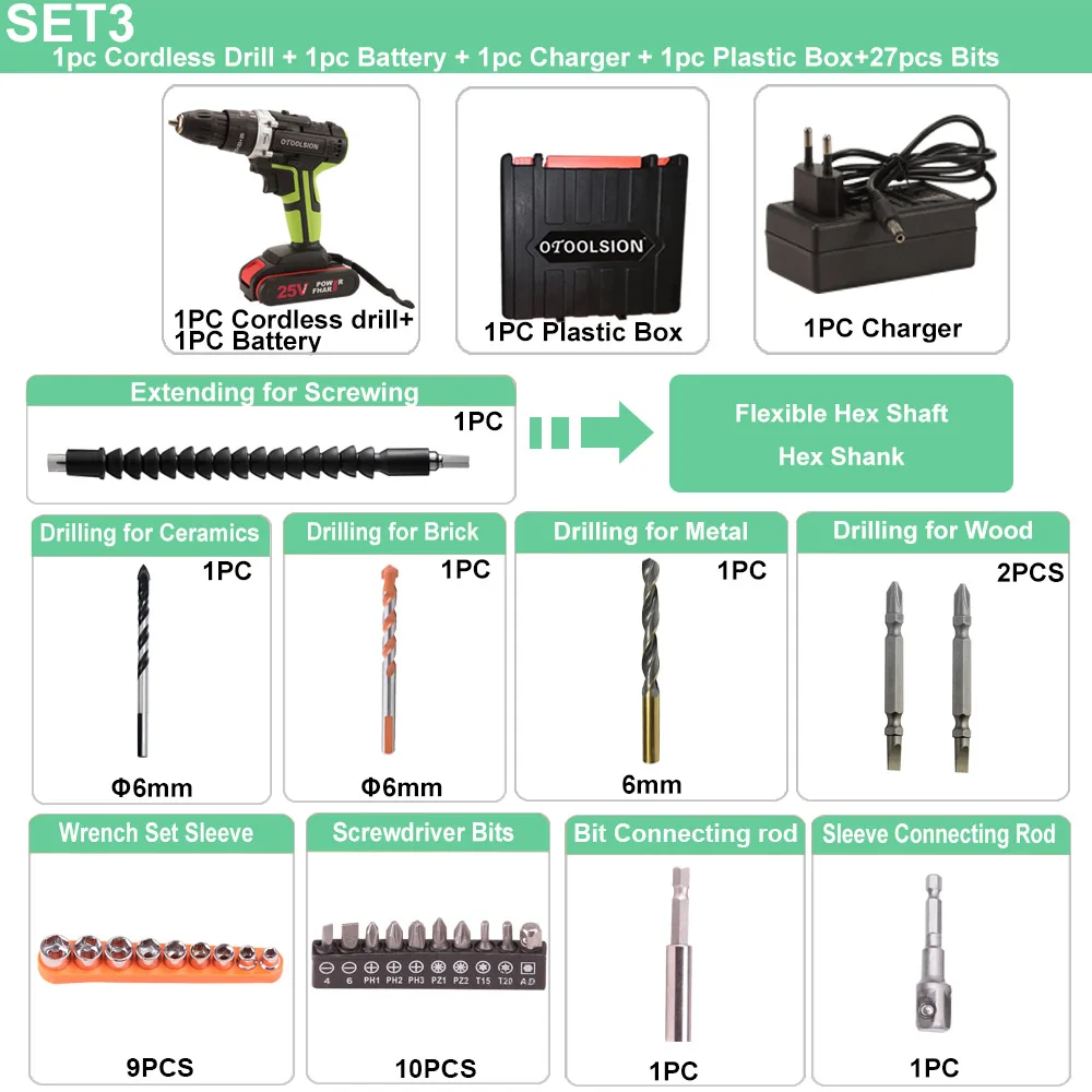 SET3 (1 pc battery) 25V 48N.m Impact Battery Drill Cordless Screwdriver Power Tools Impact Electric Screwdriver Electric Impact Drills+27 Pcs Parts - Цвет: SET3 (1 pc battery)