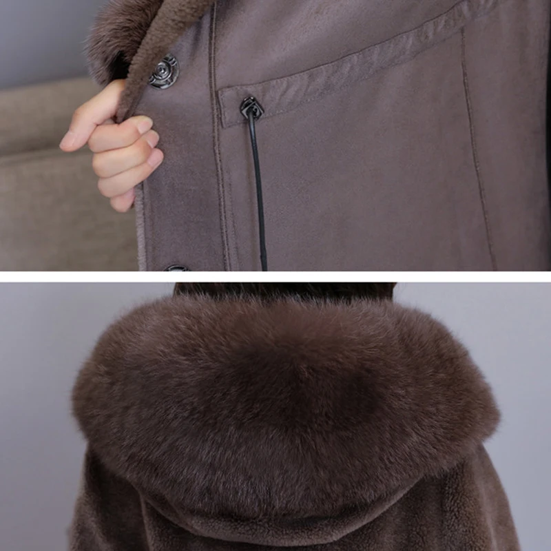 

Winter Jacket Fashion New High Quality Faux Fox Fur Collar Hooded Female Long Lambswool Overcoat Thick Warm Outerwear Large Size