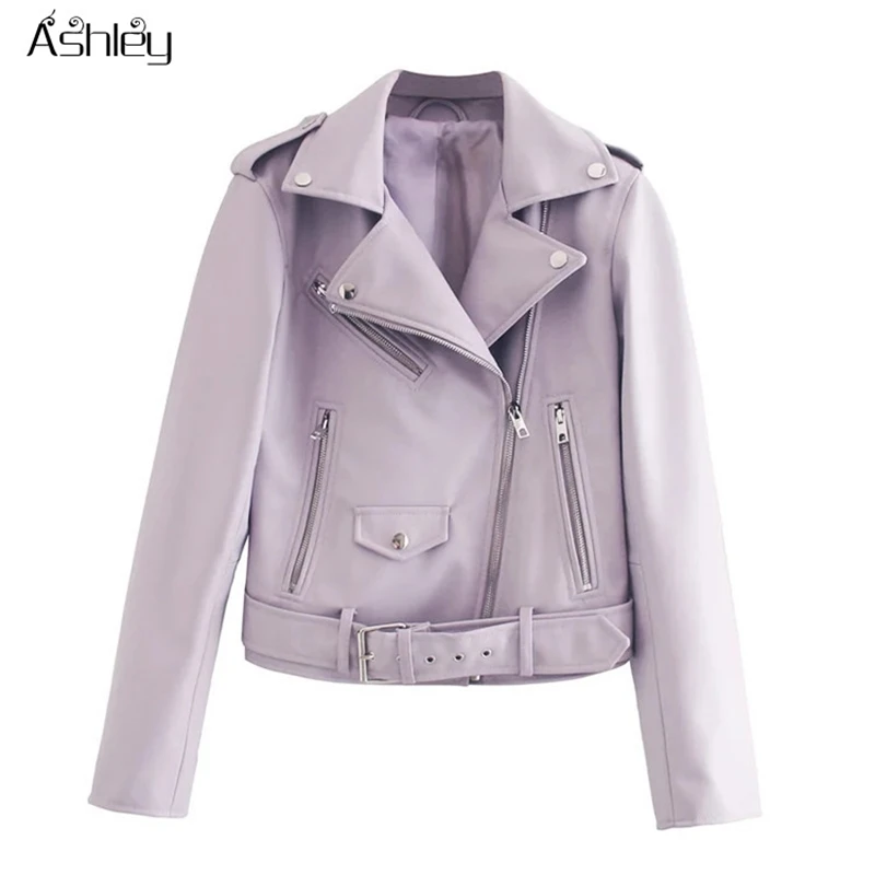 

Ashley Leather suede faux leather jacket Women zipper belt moto jacket Cool streetwear ladies' leather jackets winter coat