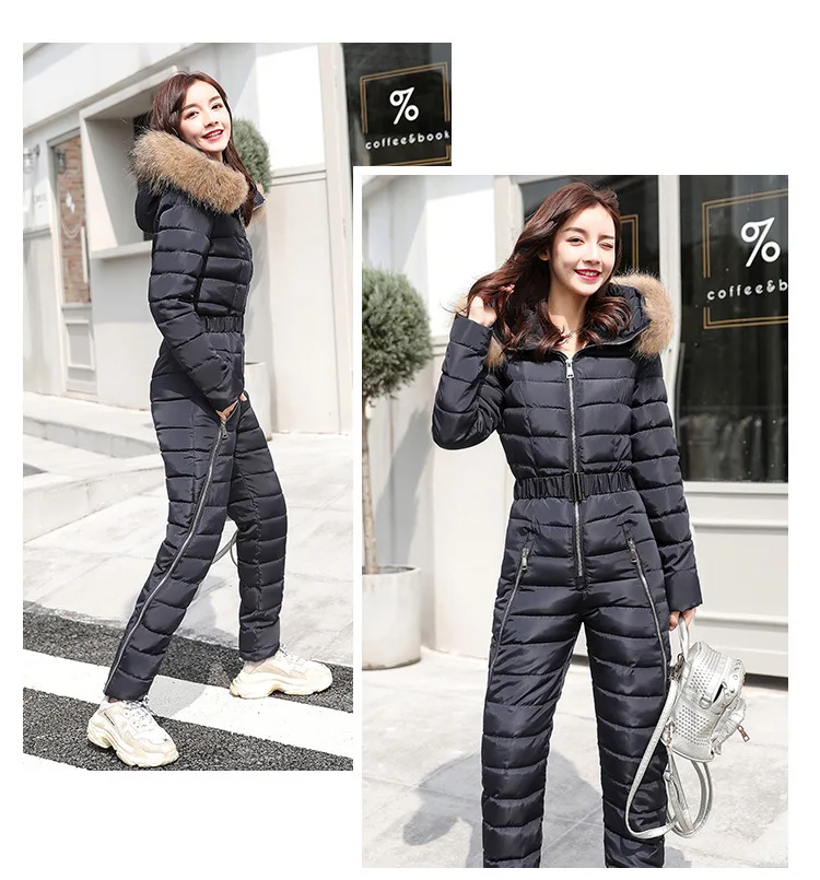 Winter new down cotton pad women fashion women two-piece cotton Raccoon Fur collar hooded thick warm jumpsuit women G1156