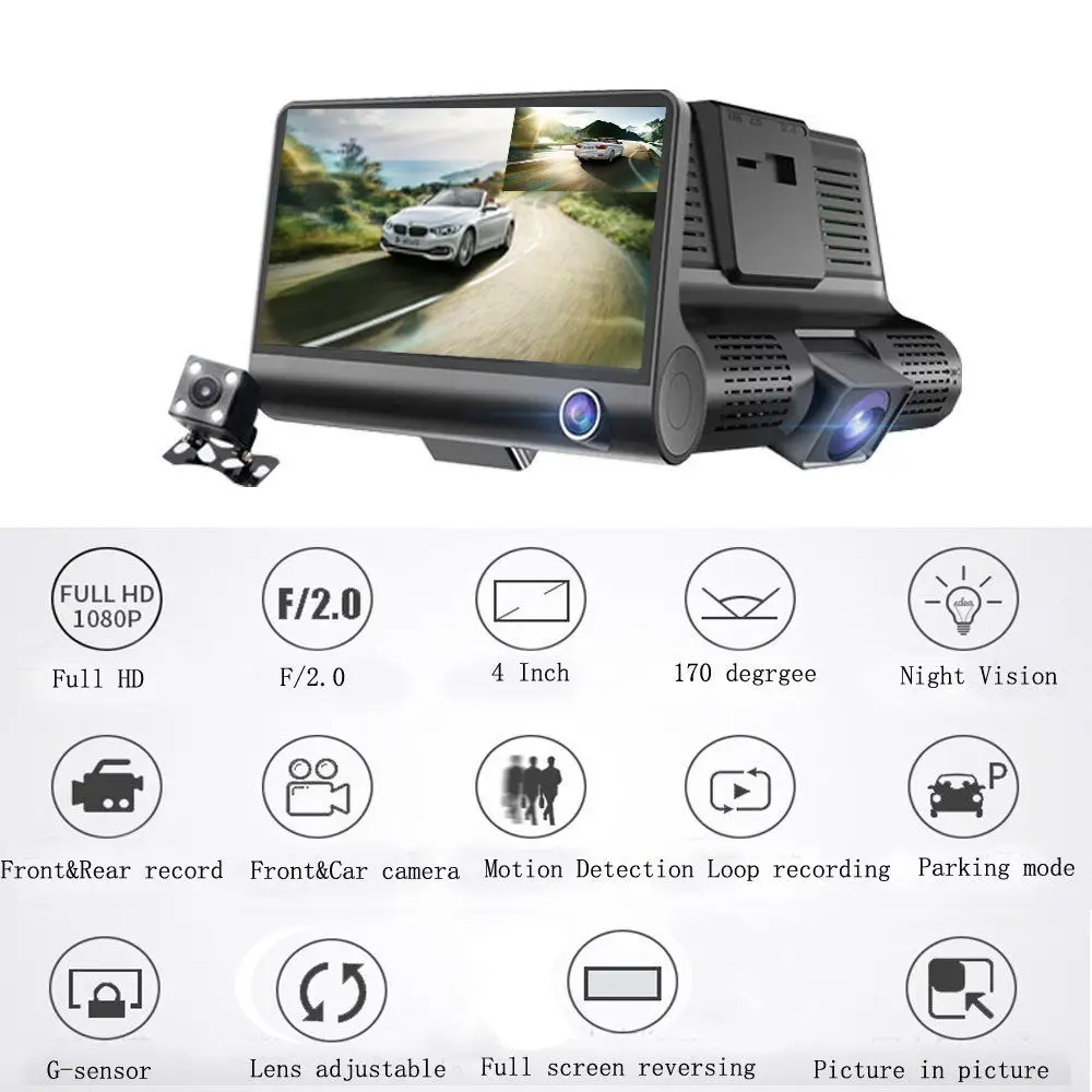 Podofo Dash Cam 3 Камера s объектив Видеорегистраторы для автомобилей 4 дюйма ЖК дисплей