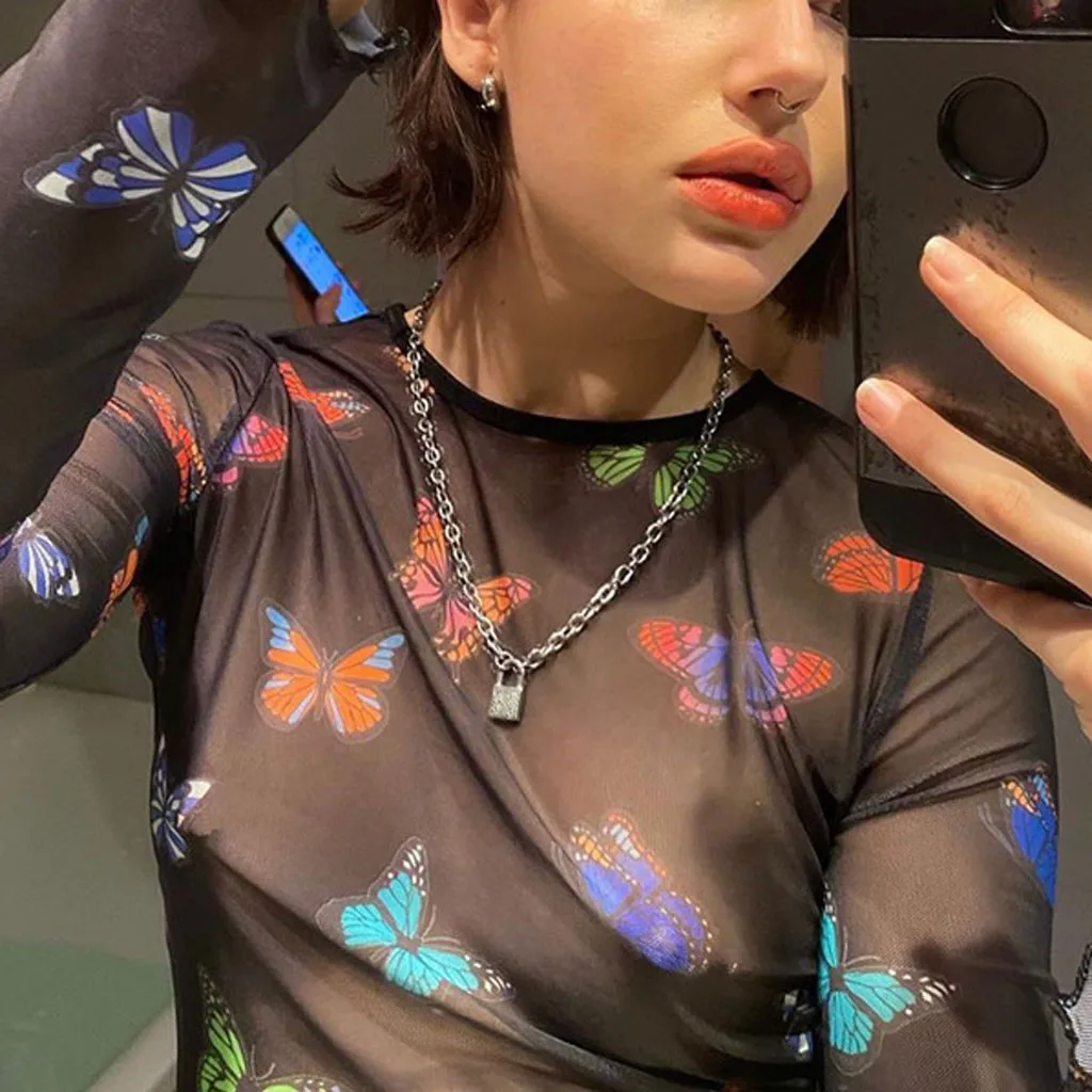 Женская летняя прозрачная сетчатая рубашка с принтом бабочки Модная приталенная