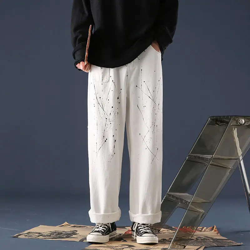 

Splashing Ink Jeans Men's Fashion Casual Retro Wide-leg Jeans Men Streetwear Korean Loose Hip-hop Straight Denim Trousers Mens