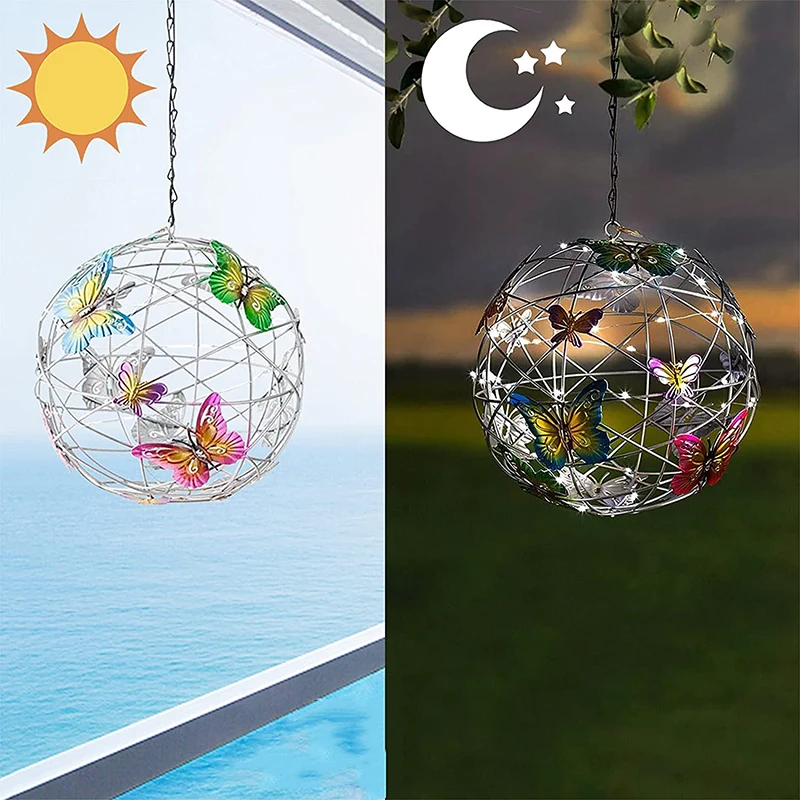 

Светильник на солнечной батарее, подвесной сетчатый шар с красочной бабочкой, роуминговый светильник, солнечный сад, подвесной шар, наружны...
