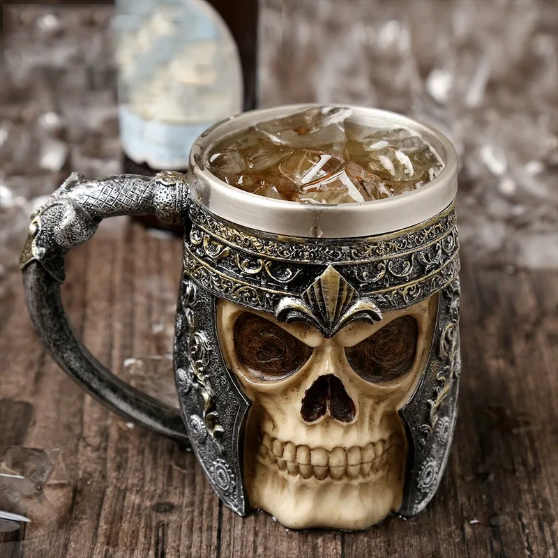 

Stainless Steel Resin Skull Mug Beer Stein Tankard Coffee Tea Water Cup Knight Helmet Dragon Wolf Halloween Bar Drinkware Gift