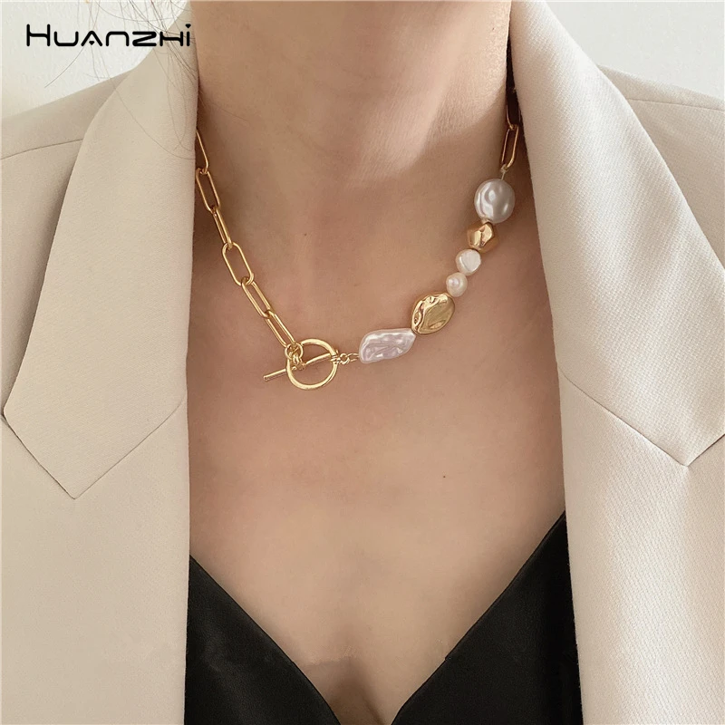 HUANZHI 2020 Новые Ретро Геометрические жемчужины Асимметричная металлическая