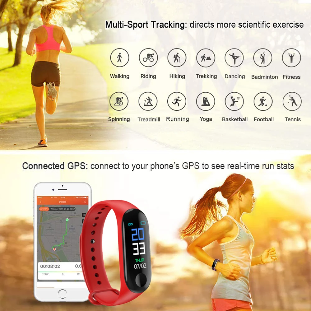 Смарт-браслет часы спортивный шагомер M3 Plus Bluetooth монитор сердечного ритма фитнес